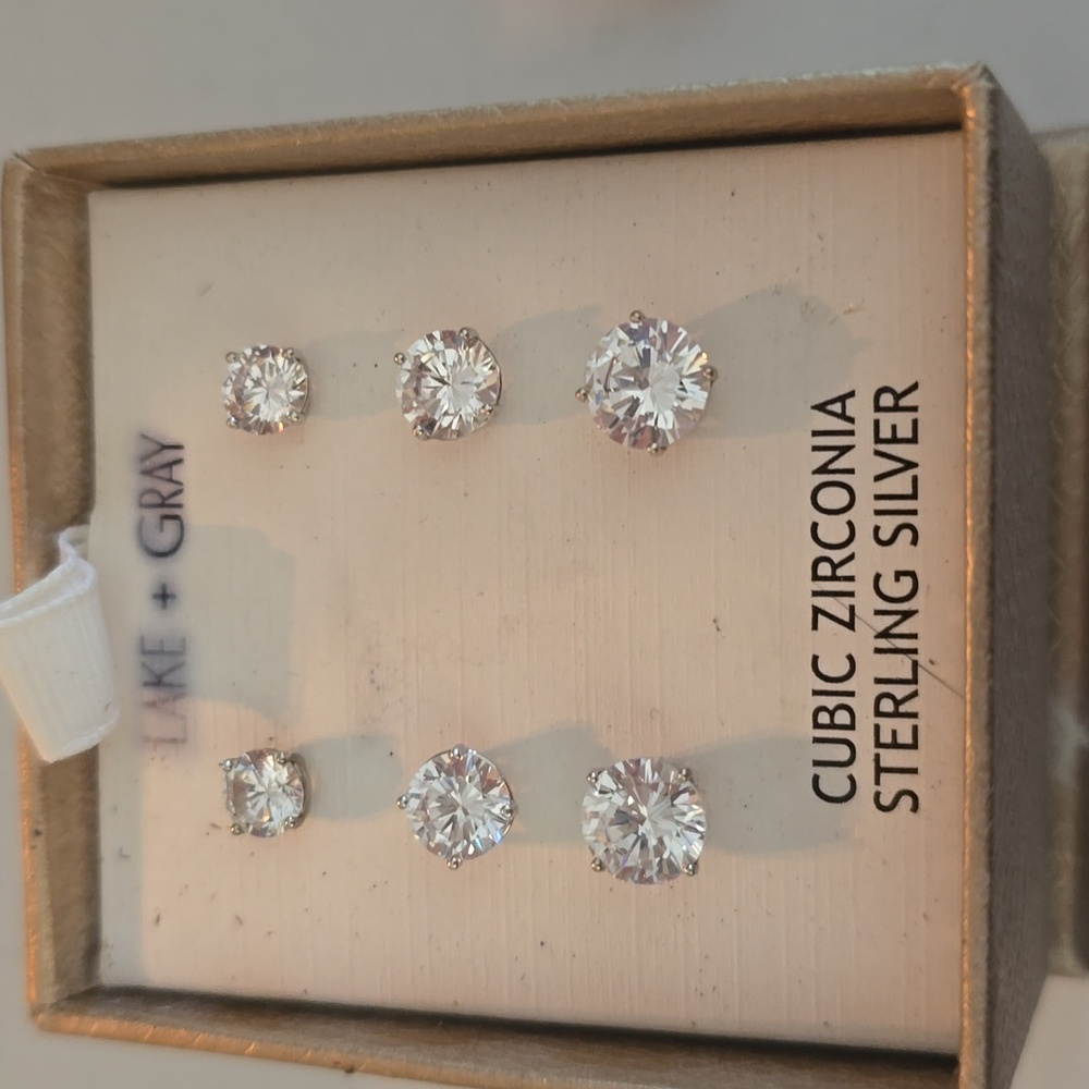 Lake & Gray cubic zirconia sterling silver earrings 3 sets new